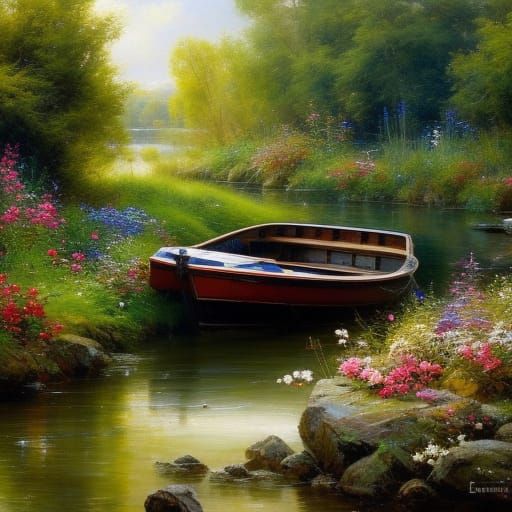 A boat on a riverside  by @undefined