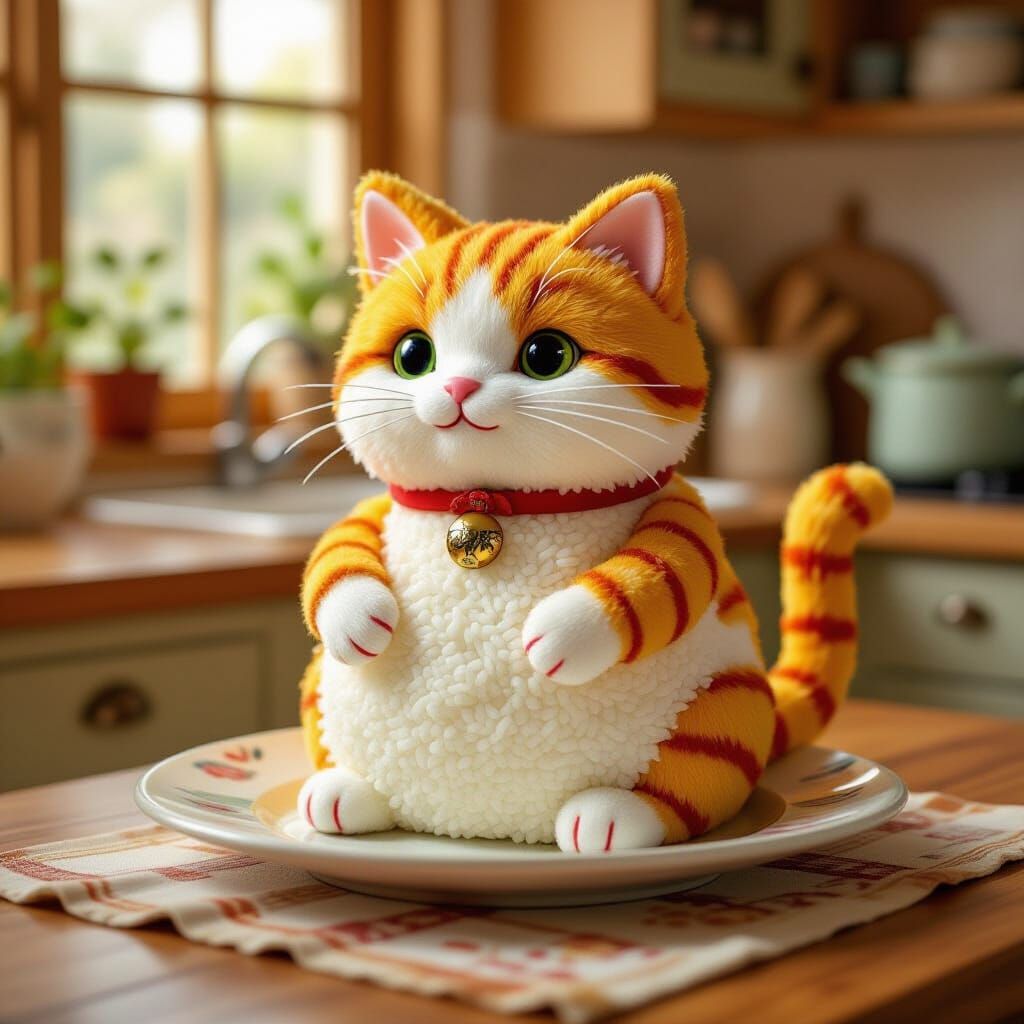 Rice and Schnitzel Cat in Cozy Kitchen