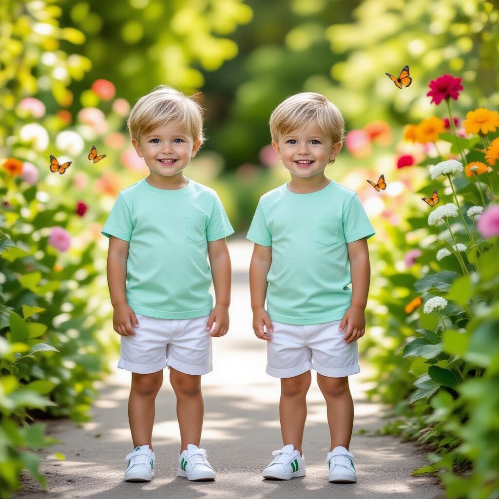 Twin Boys in Summer Garden: Digital Painting