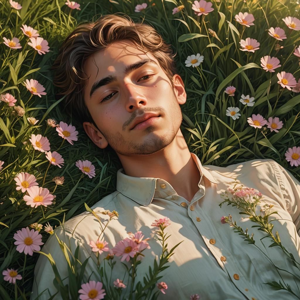 Man Sniffing Flower in Golden Hour Concept Art