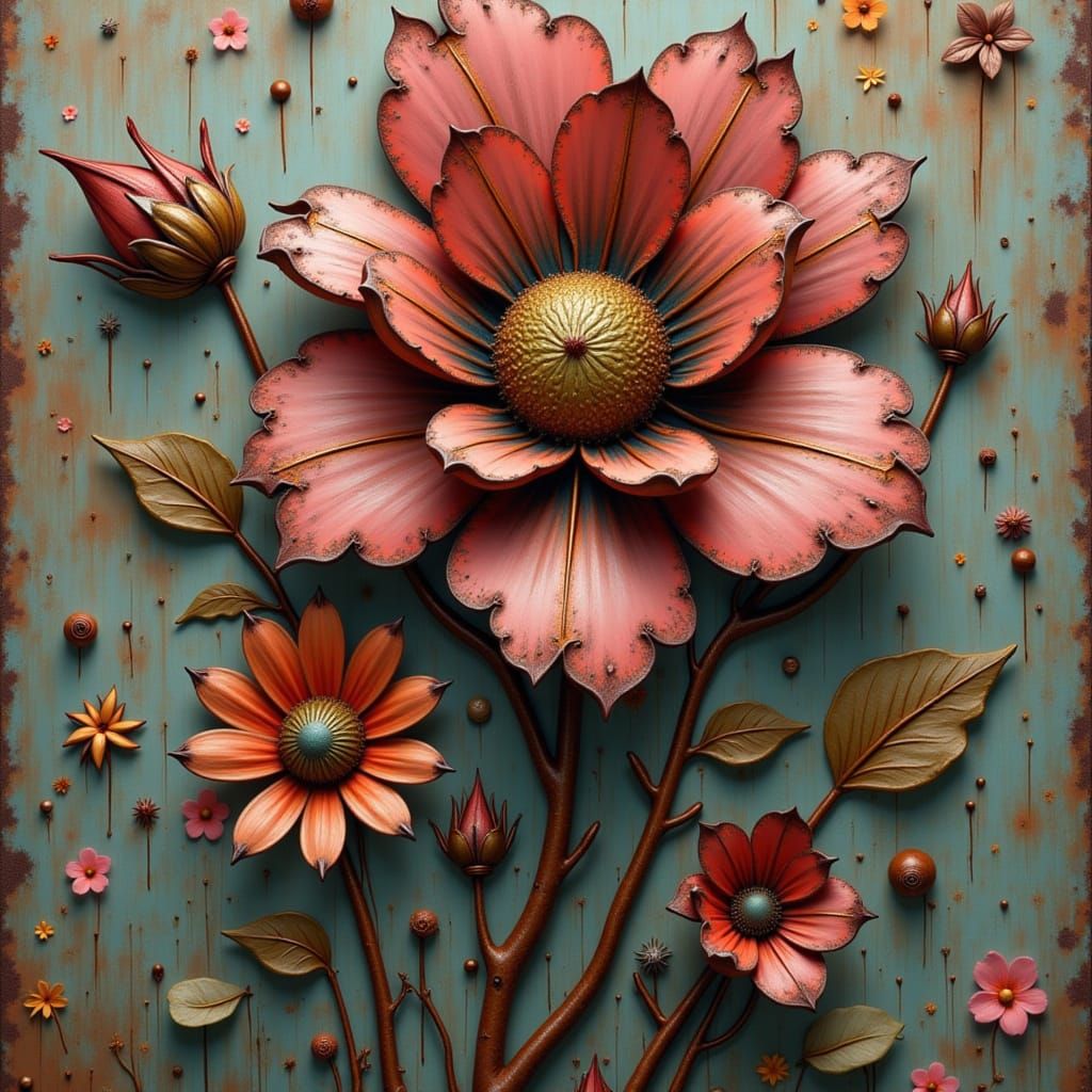 <lora:RustyMetalSurrealism:1.0> oil on canvas, rusty metal floral bouquet, intricately detailed, muted colors with vivid accents, style of n...