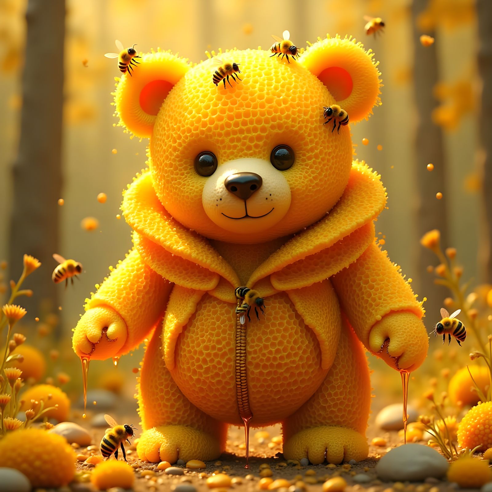 Animate the bear and the bees, honey is dripping, the bear turns his head to look at the bees buzzing around