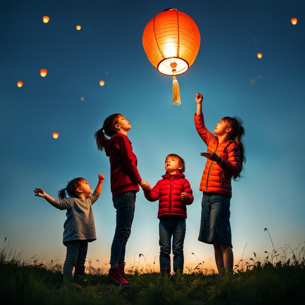 Mother and two children weeping send a paper lantern into th...