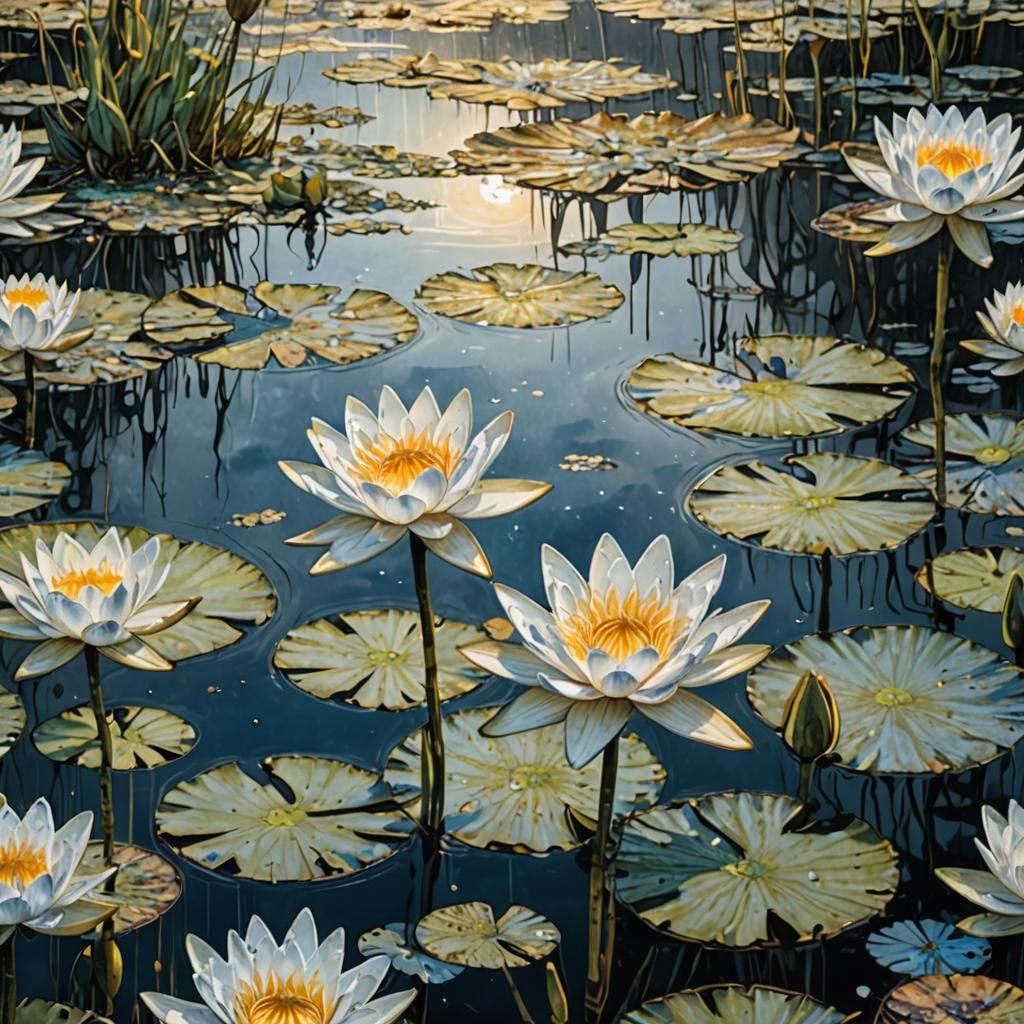 WHITE WATER LILLIES OVER LAKE