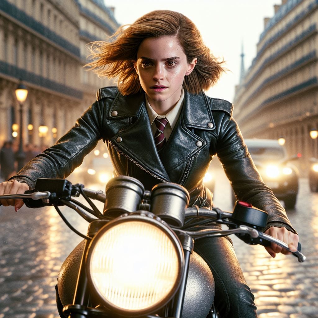 Emma Watson as Hermione Granger, riding her motorbike