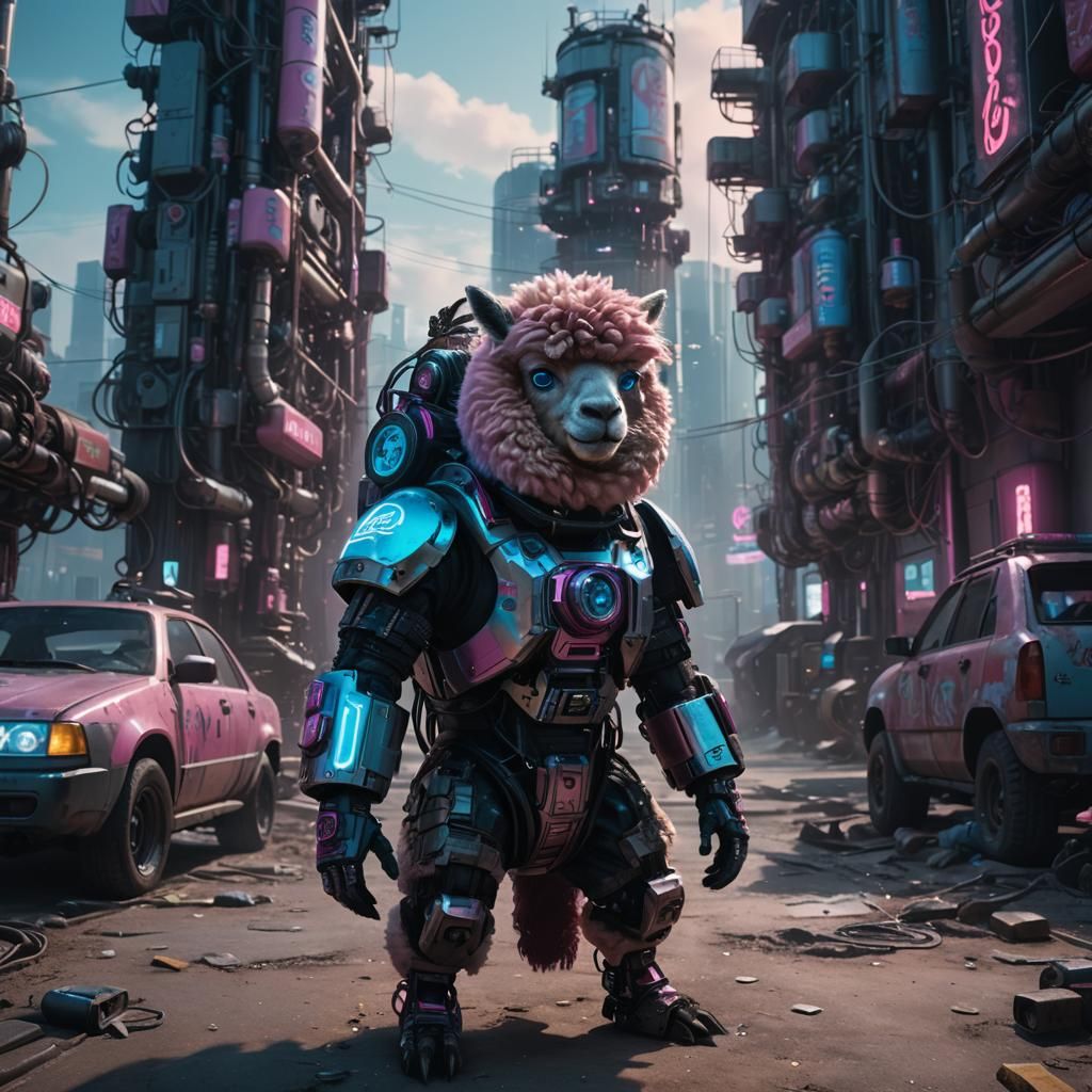 Рожева лама в футуристичному стилі. Вона має великі блакитні очі, довгу рожеву шию і пухнасту шерсть. Лама одягнена в рожевий космічний кос...