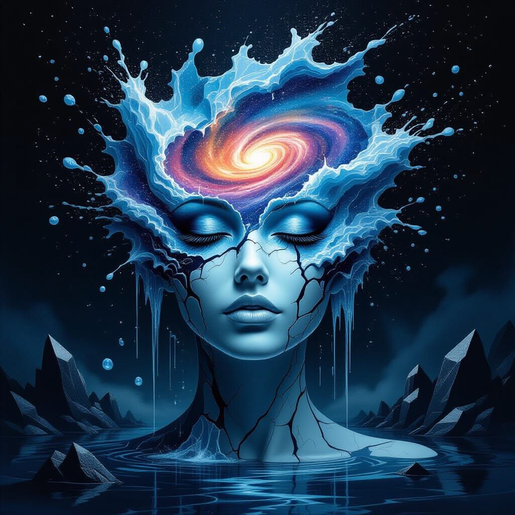 A surreal portrait of a woman whose face is a cracked porcelain mask revealing a swirling galaxy within. Her hair is made of cascading water...