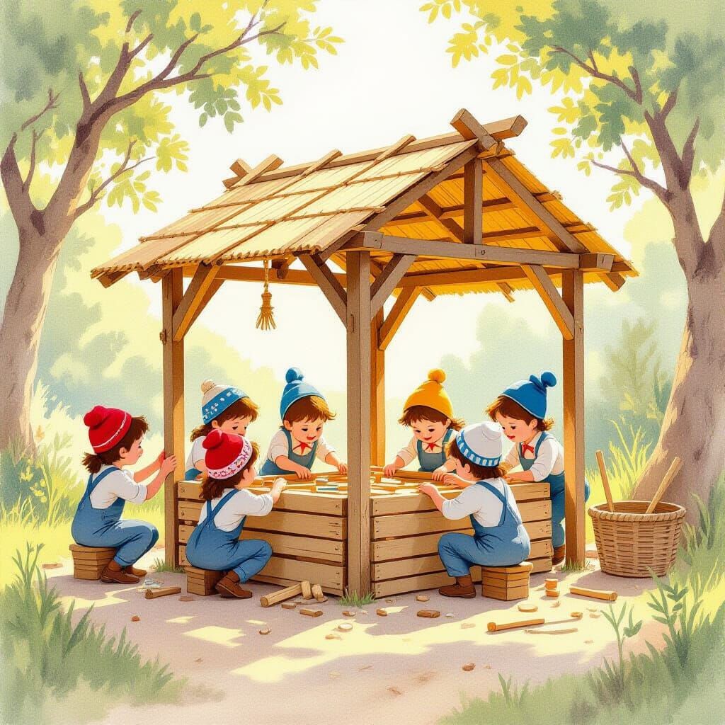 Miniature People Building a Sukkah in Storybook Style