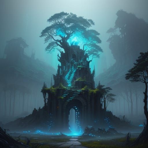 Mystical Being on Ruined Structure in Ethereal Light