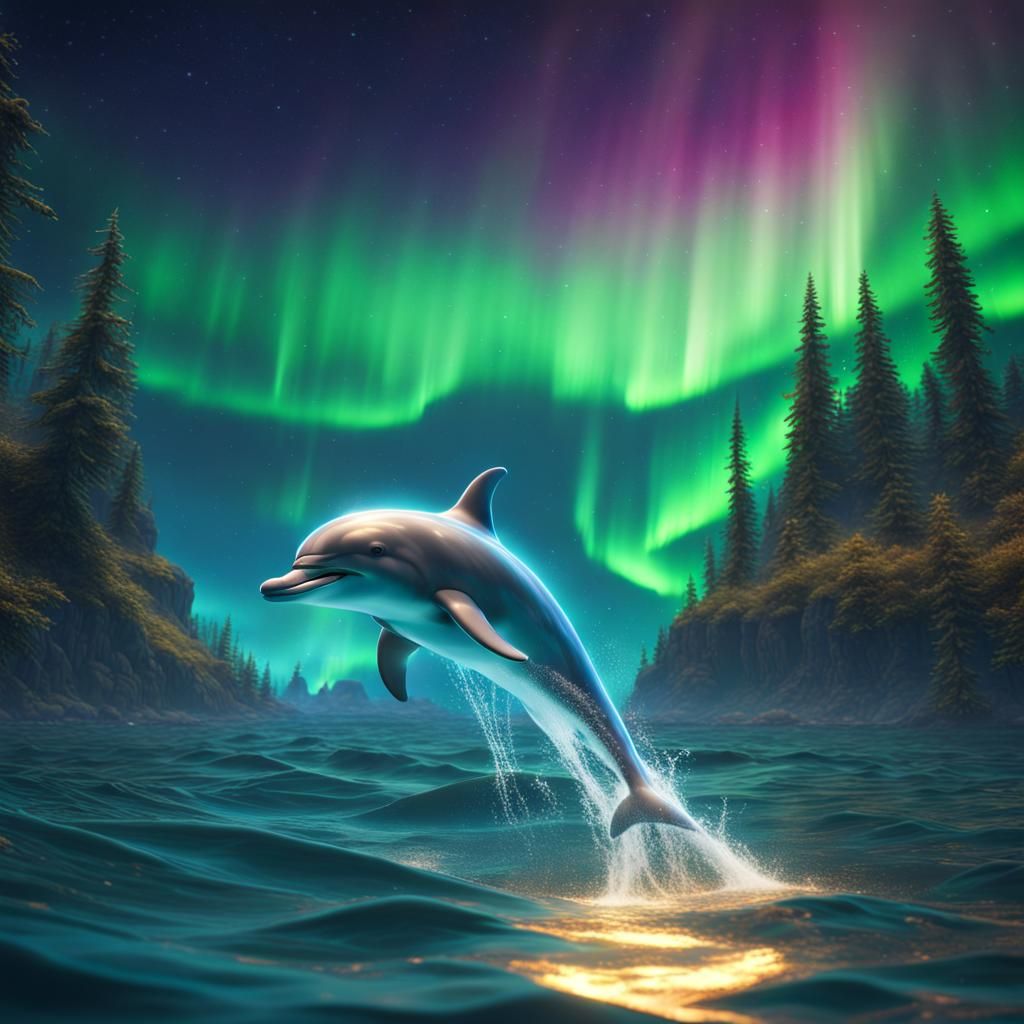 a dolphin swimming under the northern lights bright and fun