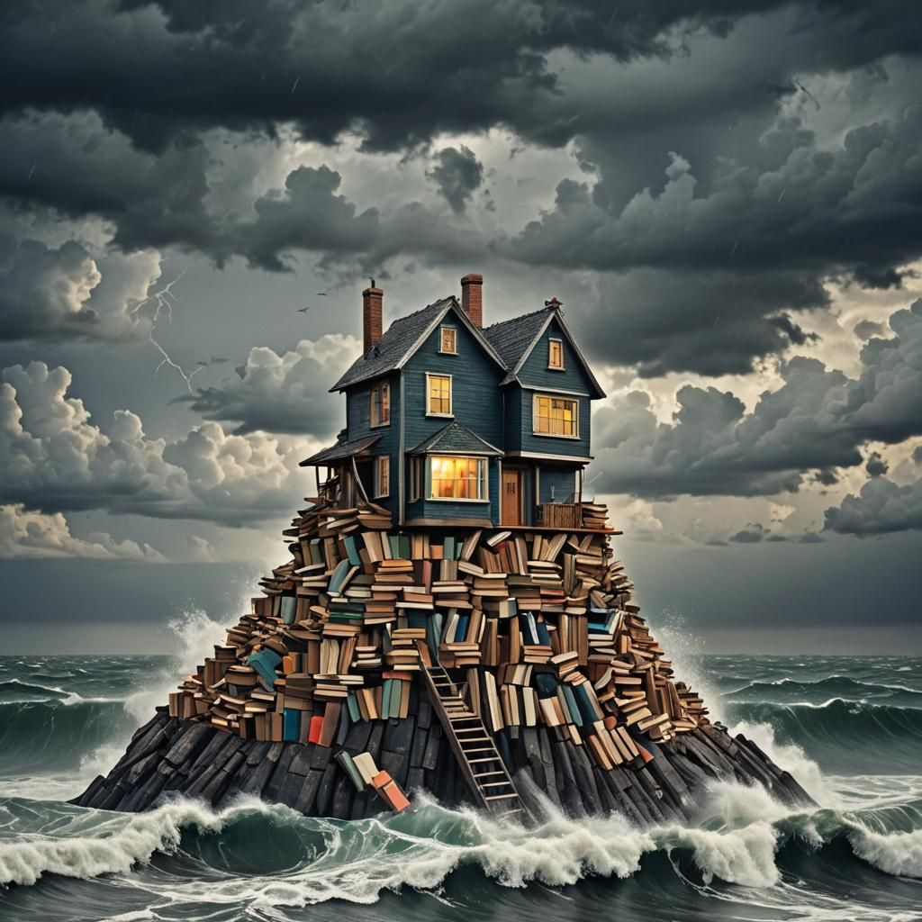 A house built on top of stocks of books on a stormy ocean