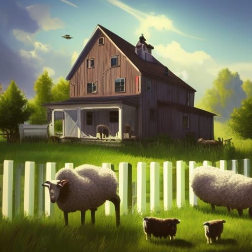 Retro Farmhouse with Sheep and Airplane