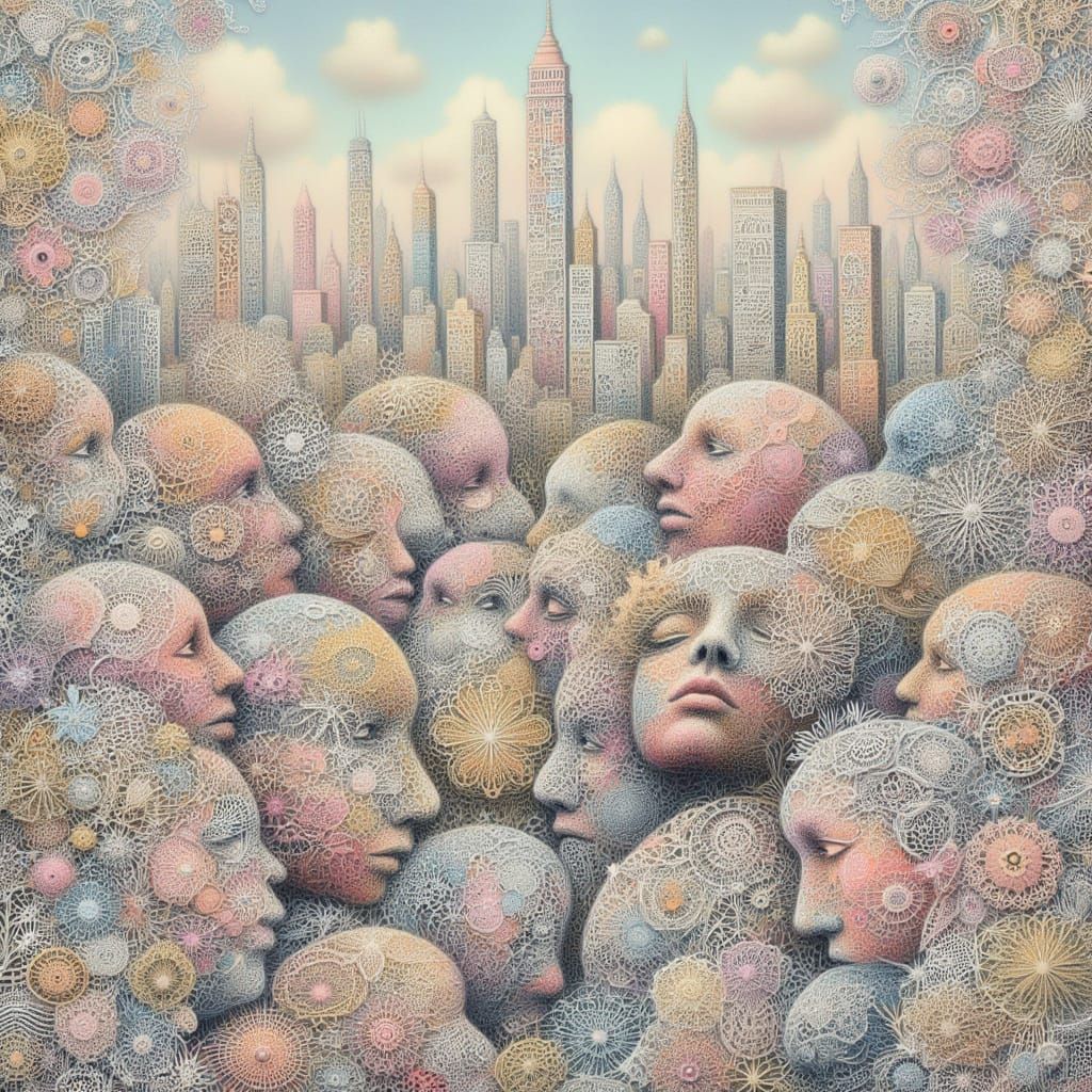 <lora:kak-lacemadness:1.0>Illustration of a lace collage, city, and heads covered in colored pastel lace