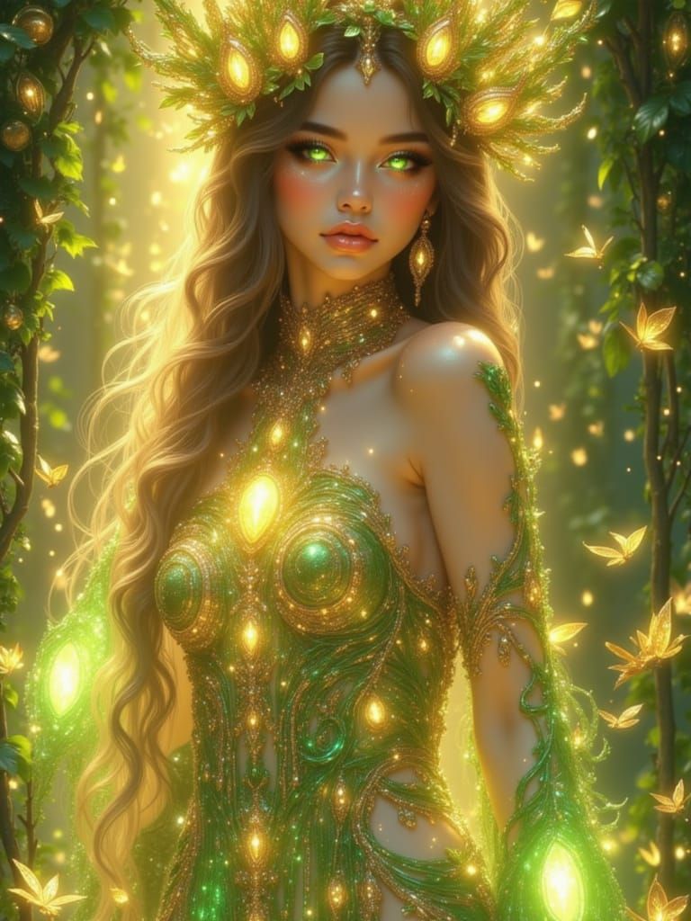 Anime earth goddess in a gown made of vines and flowers, glowing green eyes, crown of leaves, surrounded by floating petals and glowing ston...