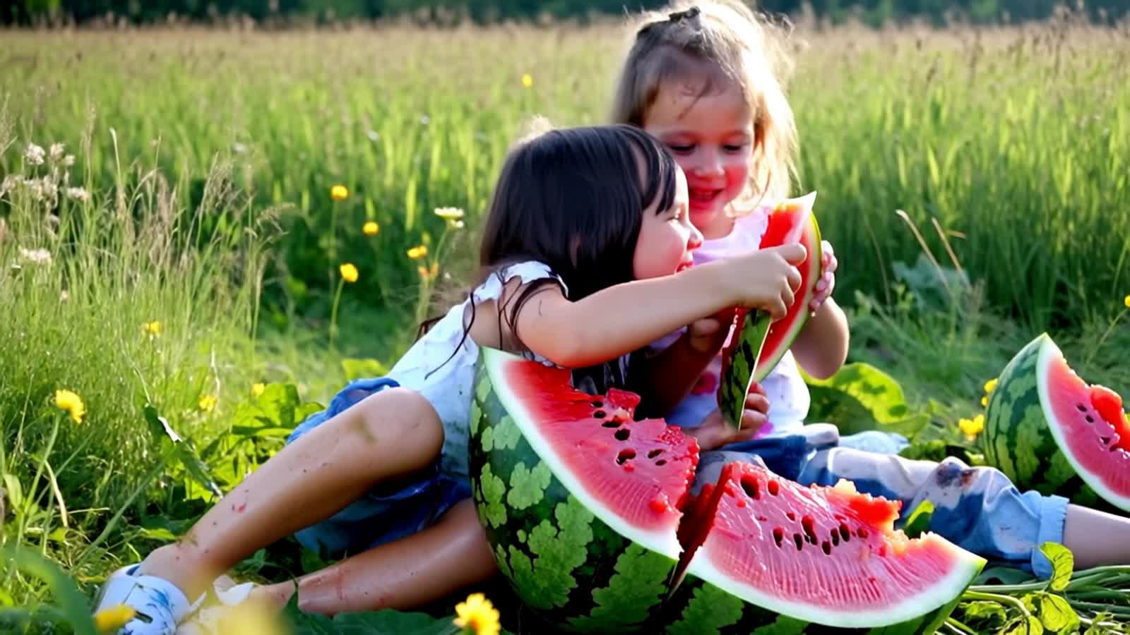 Boy and girl in  playclothes eating a  large broken watermelon in the field, juice all over their clothes and face..laug...