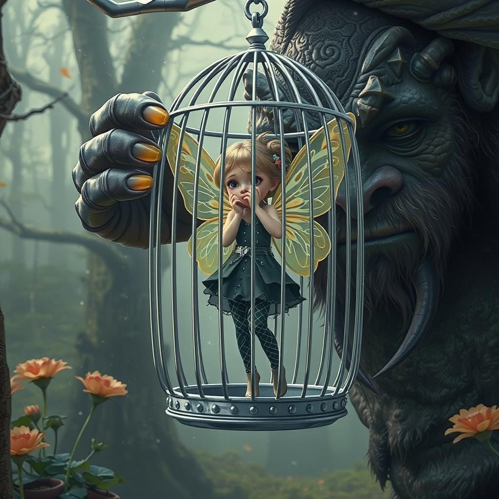 Hyperrealistic digital illustration of A tiny, beautiful filigree fairy/ wearing a modern outfit with leggings/ locked crying inside a silve...