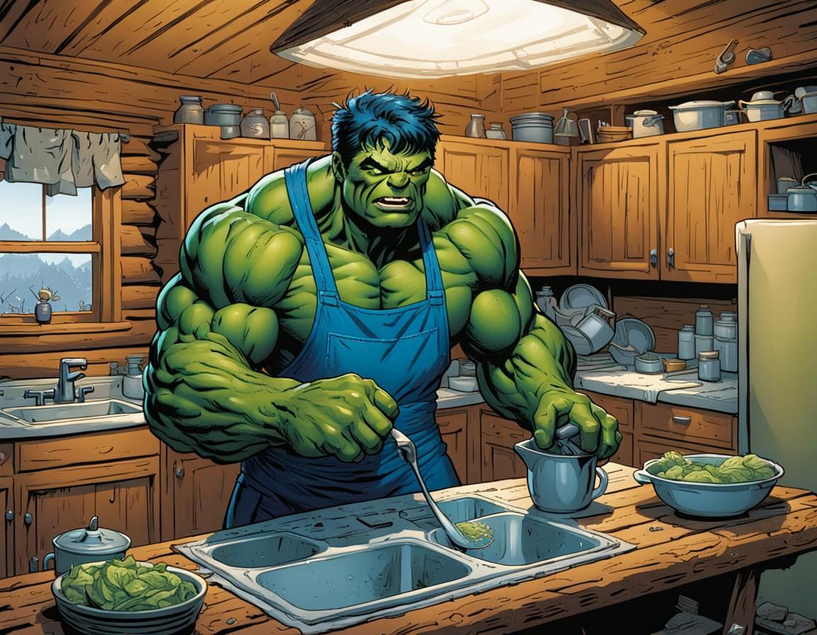 The Hulk doing dishes wearing a bluebird apron standing in a log cabin kitchen