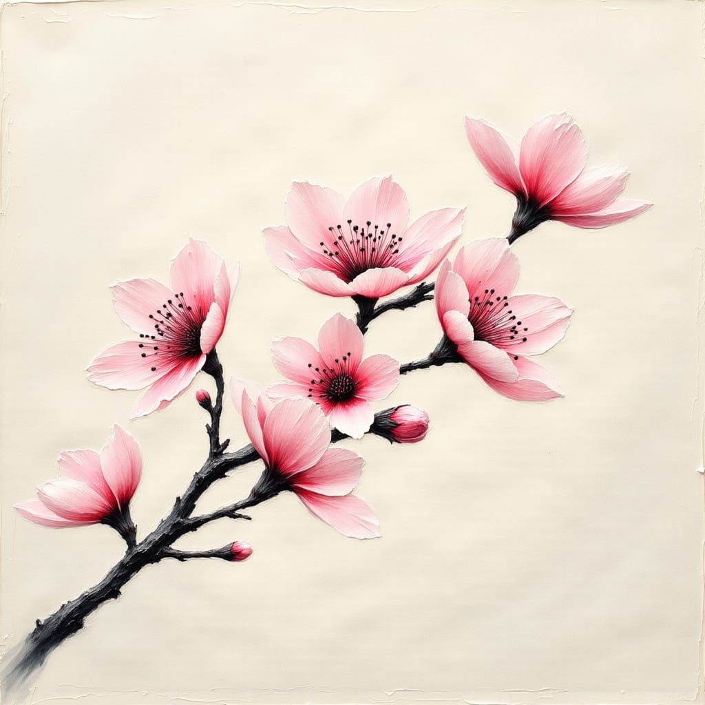 <lora:Ink Poet:1.0> <lora:Impax v2:1.0> <lora:Sumi-e Art Style:1.0> <lora:Empaste:1.0> A single cherry blossom branch with few blooms, impas...