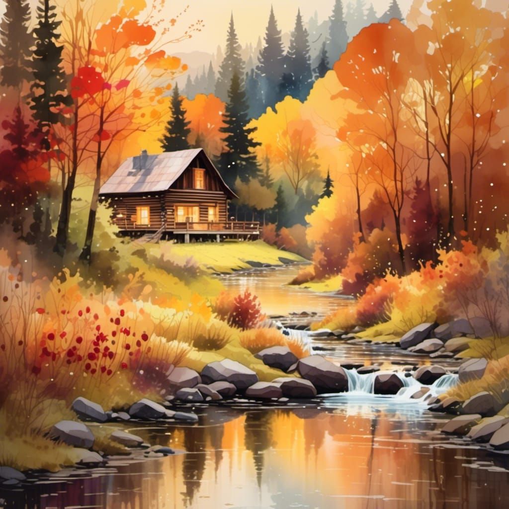 Rustic cabin surrounded by an autumn forest  by @Sarah