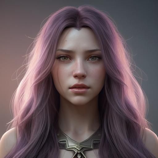 female portrait of a woman with long, vibrant hair, and light purple ...