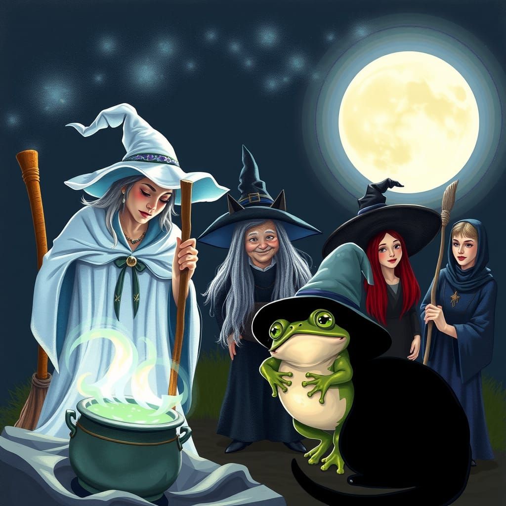 Under the pale moonlight, a coven of witches gathered around...