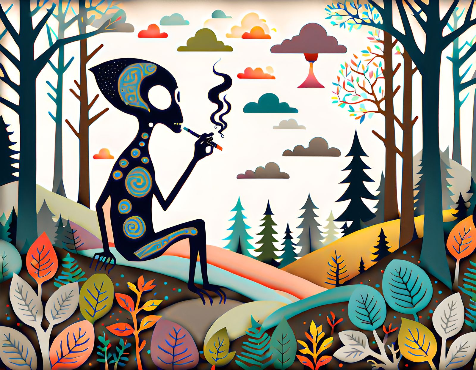 Whimsical and colorful forest scene with a grey alien smokin...