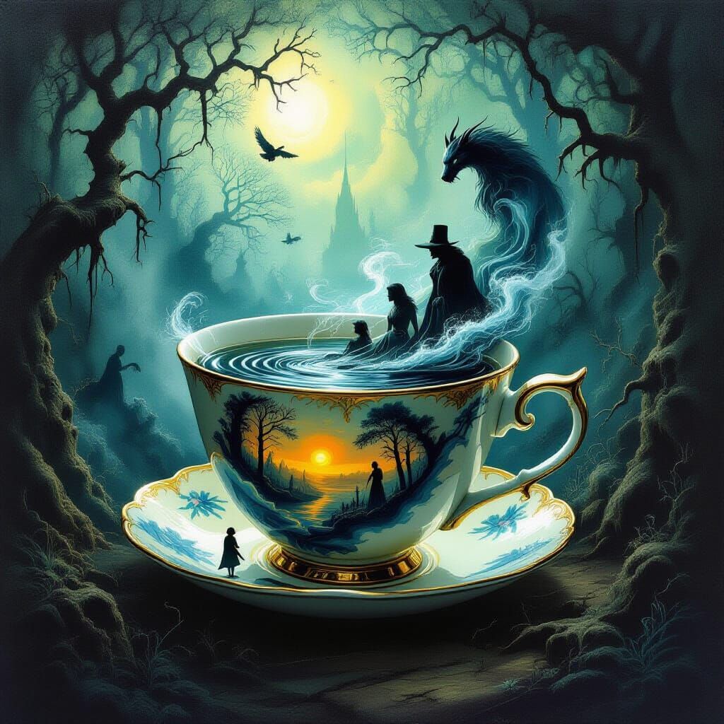 A surreal dreamscape where a giant, antique teacup serves as a portal to a dark fantasy realm. Within ...  by @Barabashka