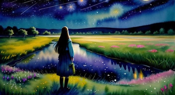Magical Starry Night: Girl Gazing at Stars in Watercolor