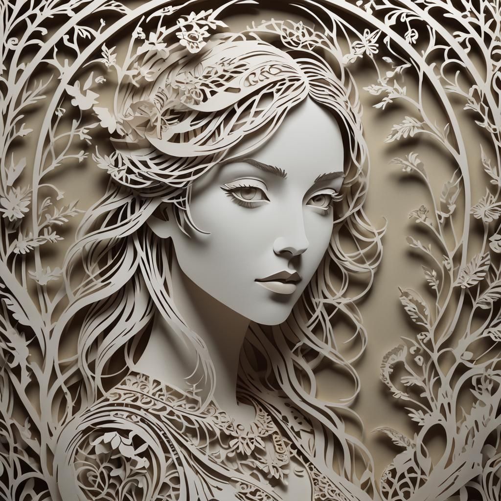 Paper-Cut Portrait of Young Woman in Kirigami Art