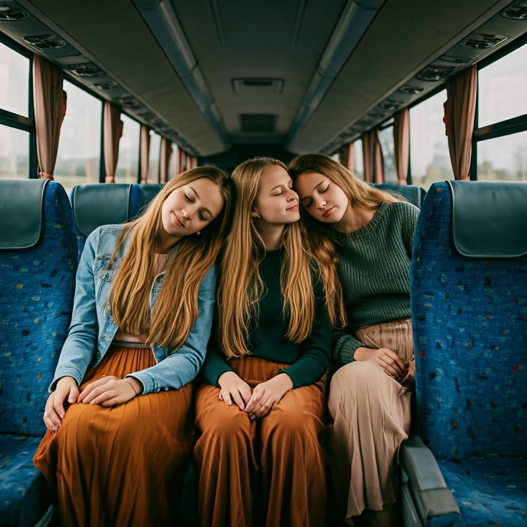 Girls on a Bus: Photorealistic Candid Portrait