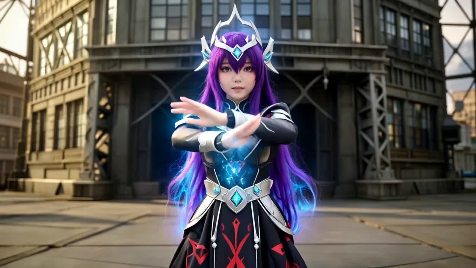 A magic girl showing off her magic with cyberpunk details