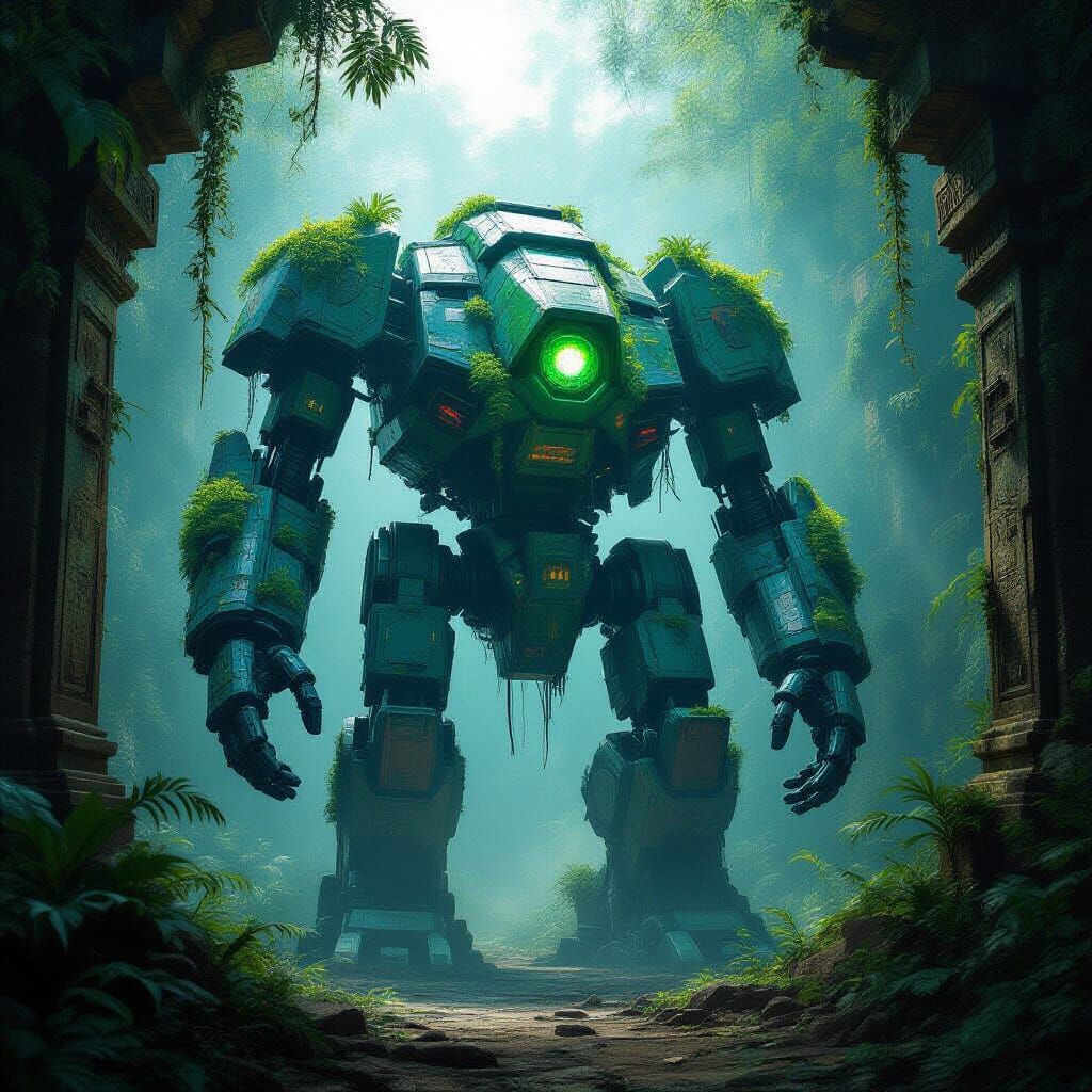 A colossal, ancient mech, overgrown with bioluminescent flora, stands sentinel in a forgotten jungle temple. Intricate carvings adorn its me...