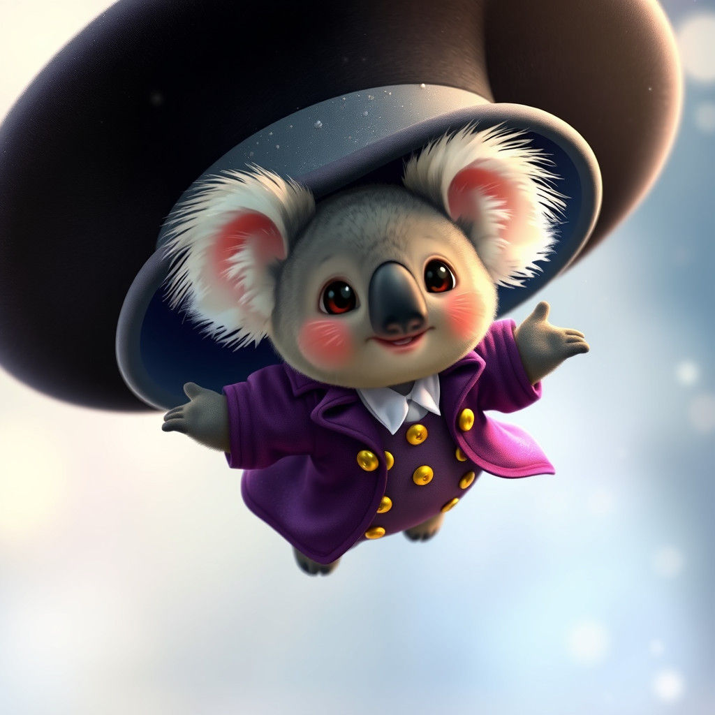 A chibi koala bear in a purple frock coat flying around insi...