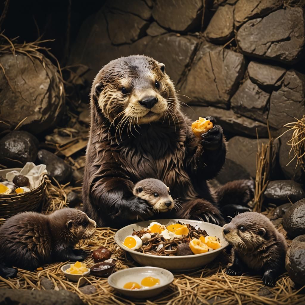 Sea Otter Papa, eating breakfast with his seal pups