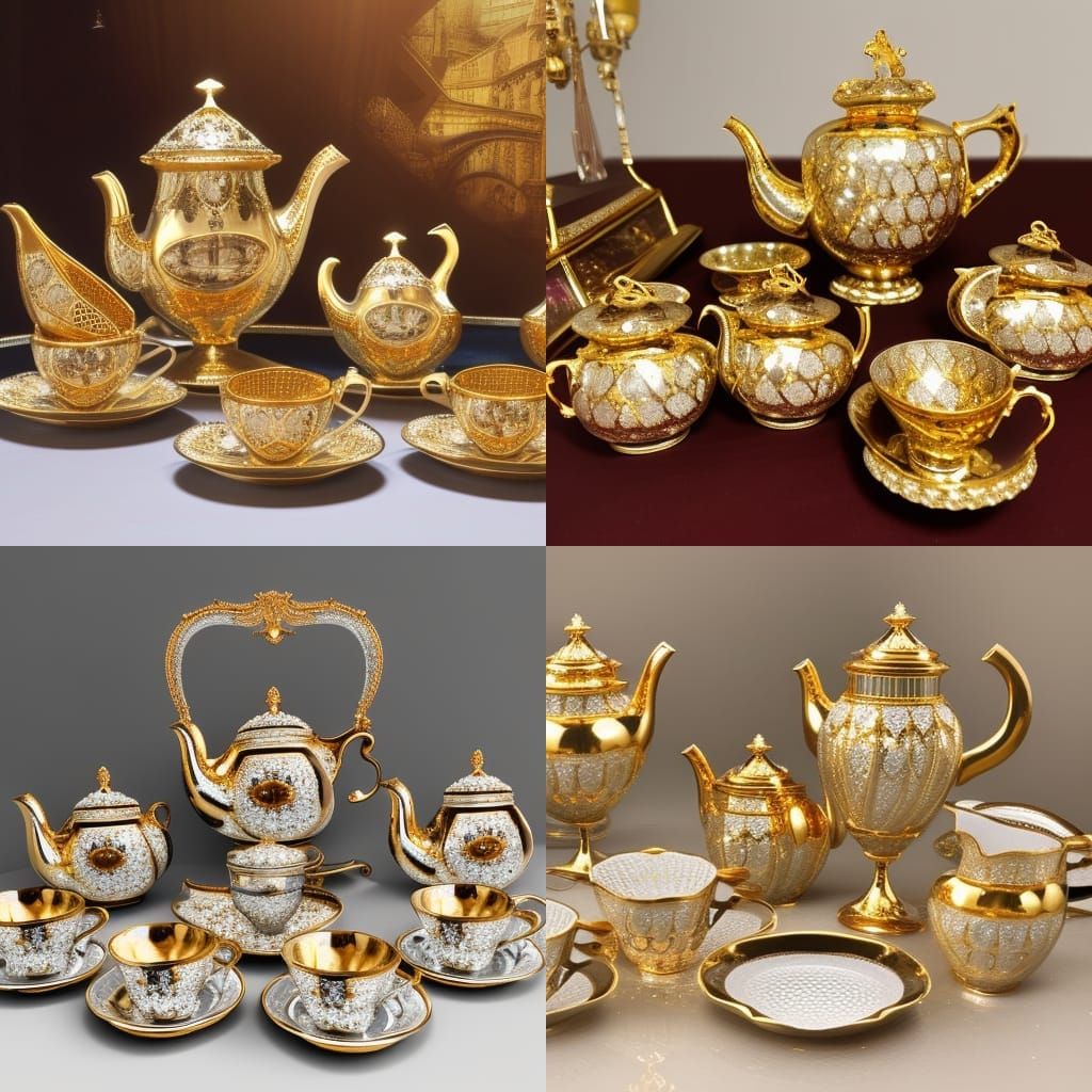 Tiffany diamond tea set with gold inlays, ultra realistic, h...