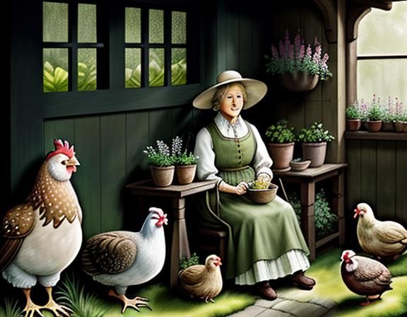 a female hobbit surrounded by hens and plants. water-color, ...