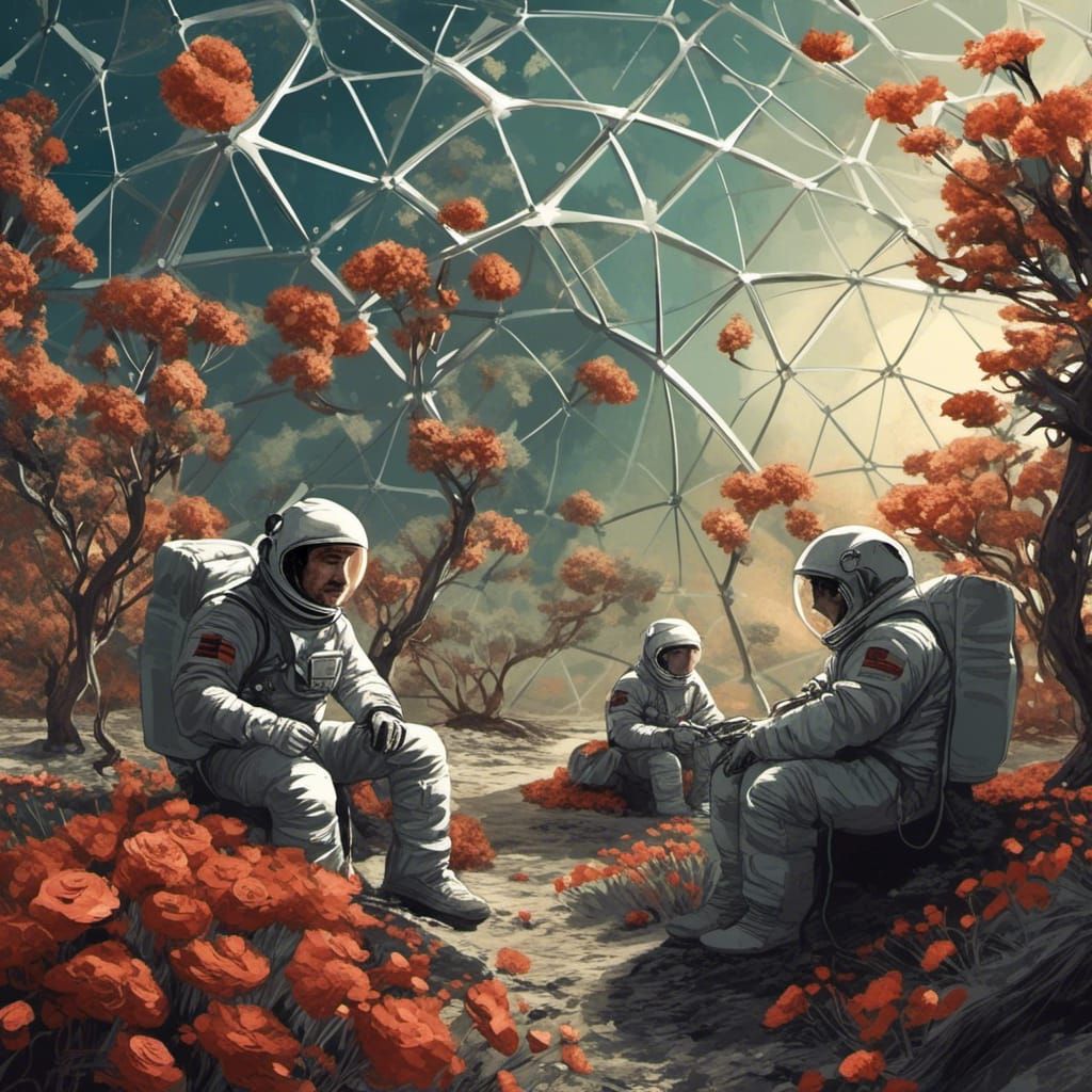 <lora:Film Noir 2D:1.0>
Three men in spacesuits tending to the flowers in a geodesic dome of atmosphere on the moon.