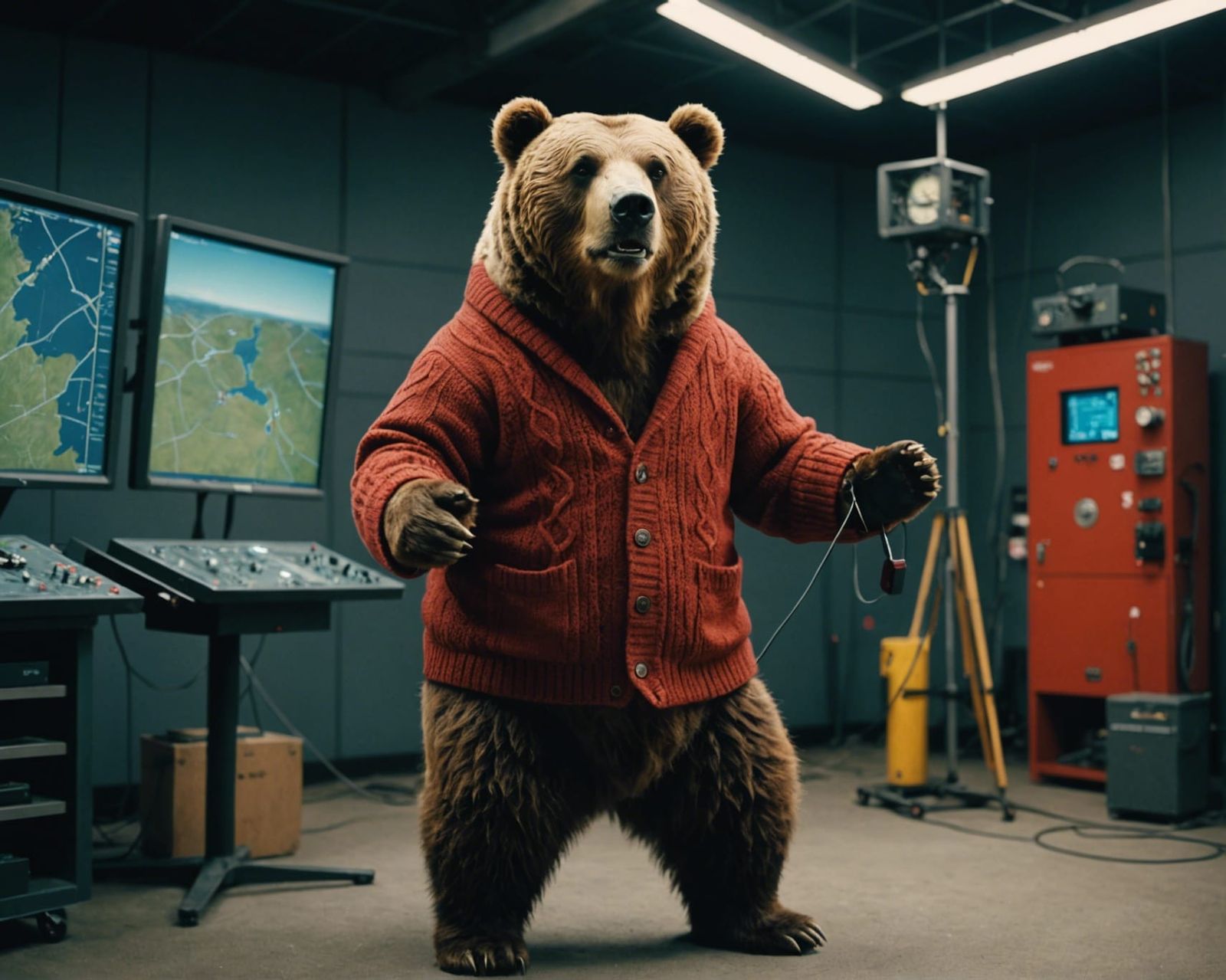 A Kodiac Bear,  standing on its hind legs, wearing a read ca...