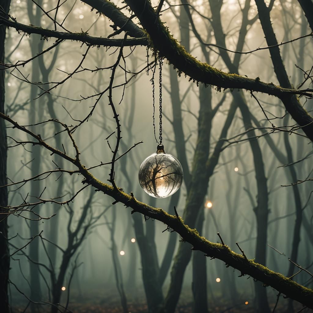 Glass Ball in Misty Forest, Cinematic Still