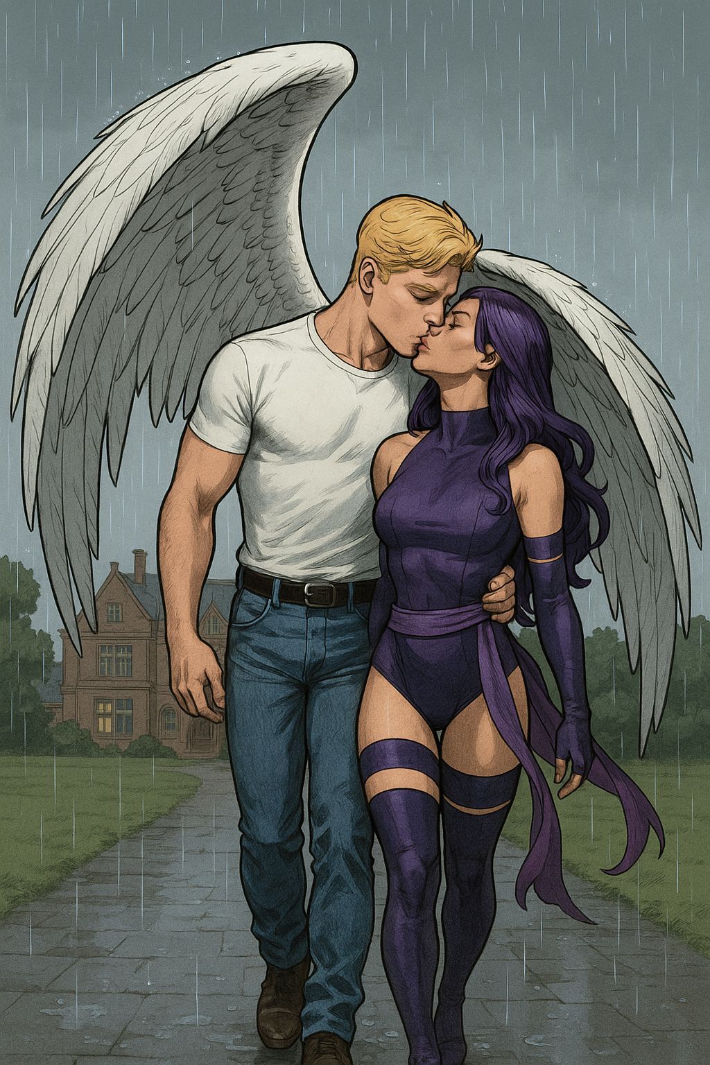 Angel protects Psylocke from the rain (X-Men)