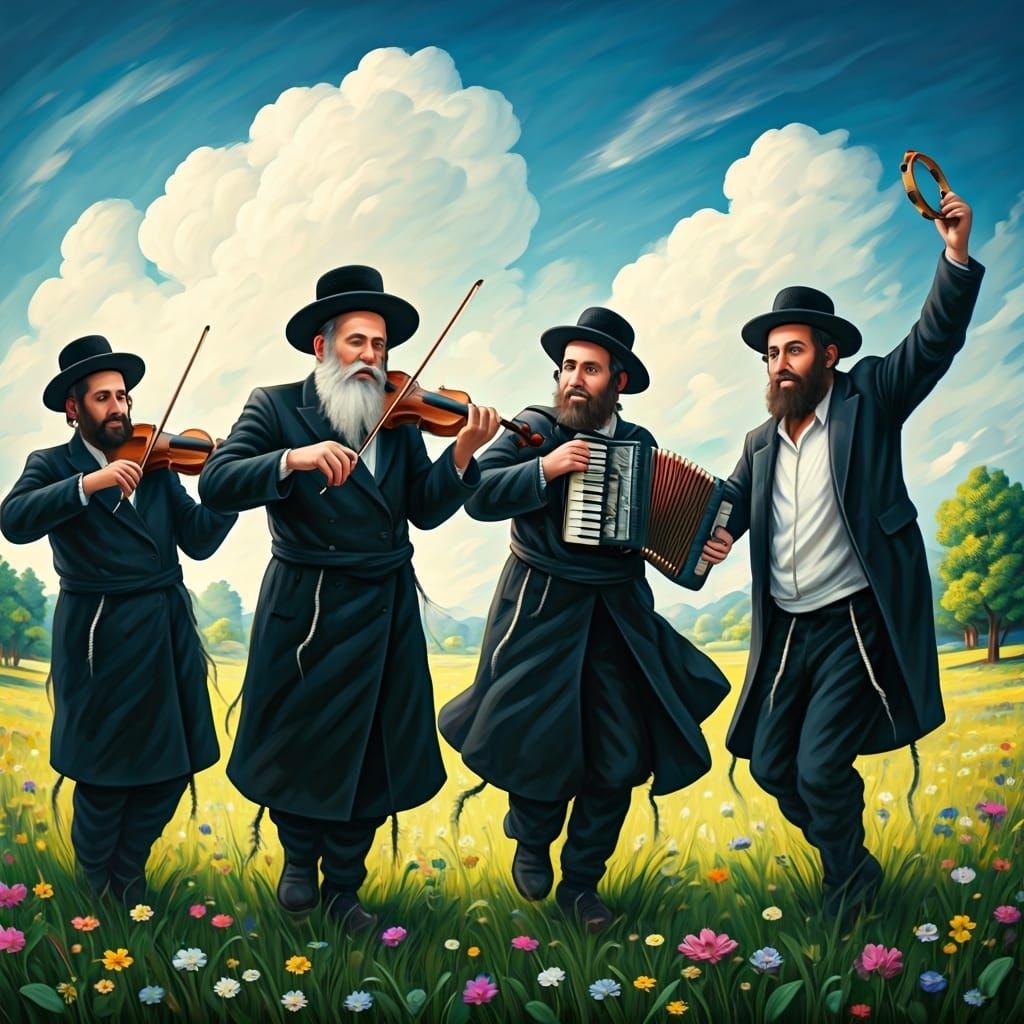 Hasidic Jewish Men Dancing in a Field, Vibrant Art