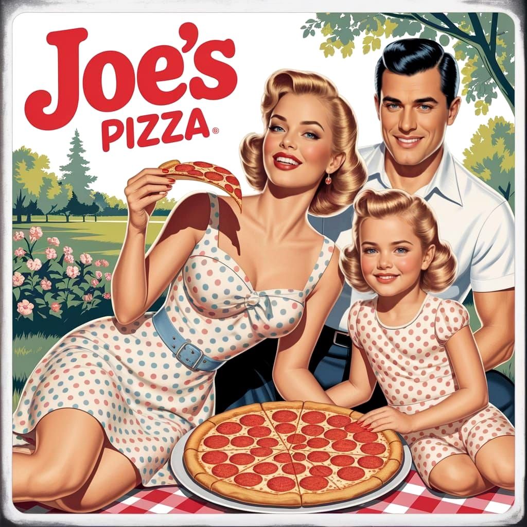 Joe's Pizza with unlimited slices | 1950s Advertisement  by @TTRPG_Player
