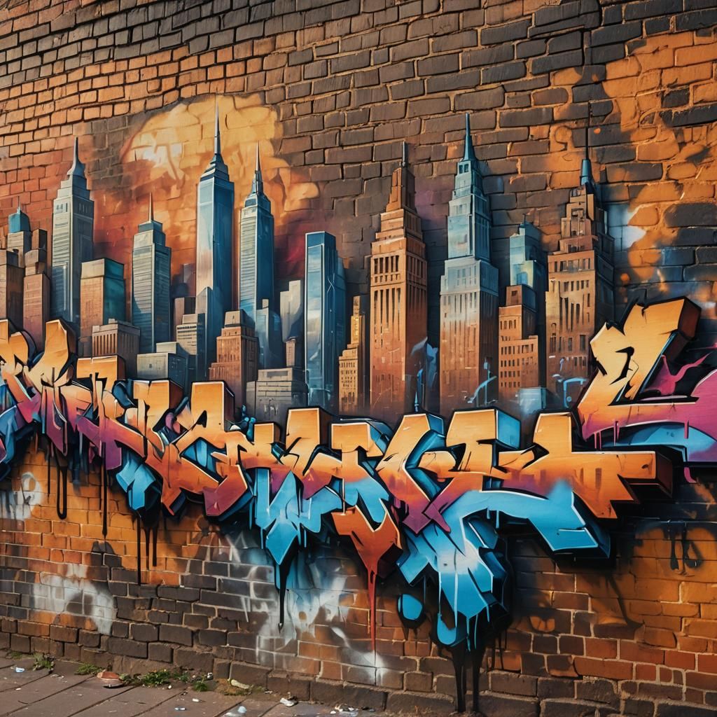 Graffiti painting of beautiful vibrant city skyline on brick wall  by @undefined