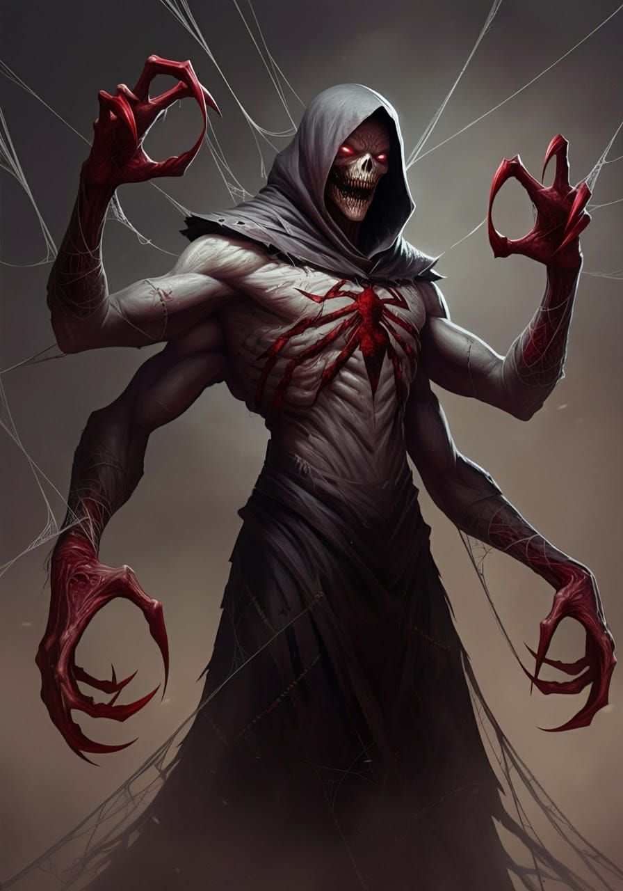 A towering wraith wrapped in **ashen grey** and **bleeding crimson**, the **Webfang Assassin** looms like a twisted shadow — tall, gaunt, an...