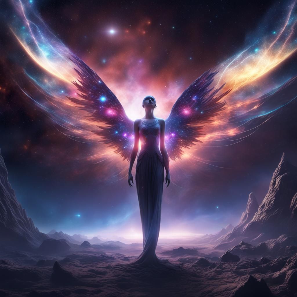 a cosmic entity transforming from a star into a surreal, eve...