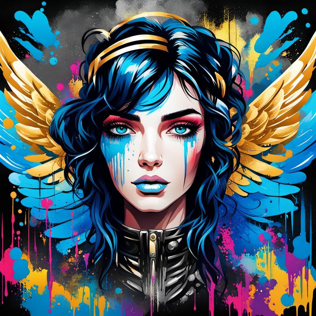 Heavenly angel girl with black punky hair and blue eyes graf...