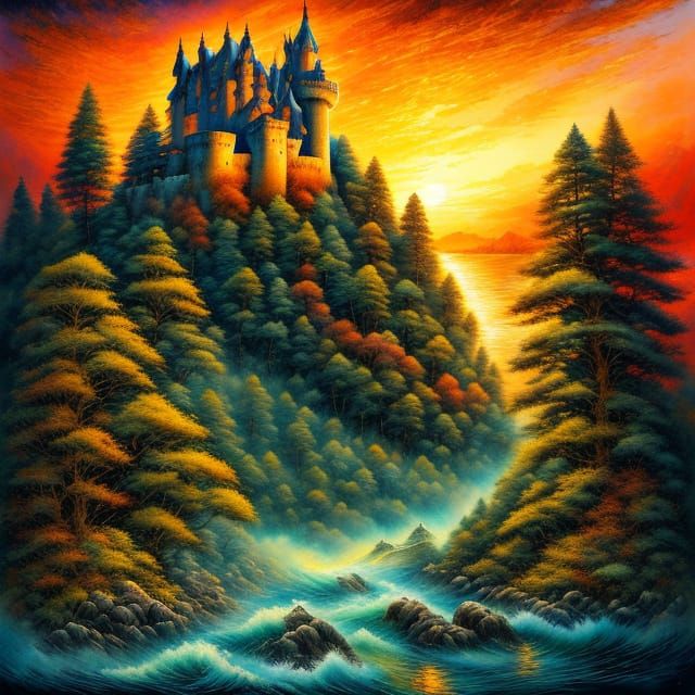 Fishing Boat at Crimson Sunset in Painted Style