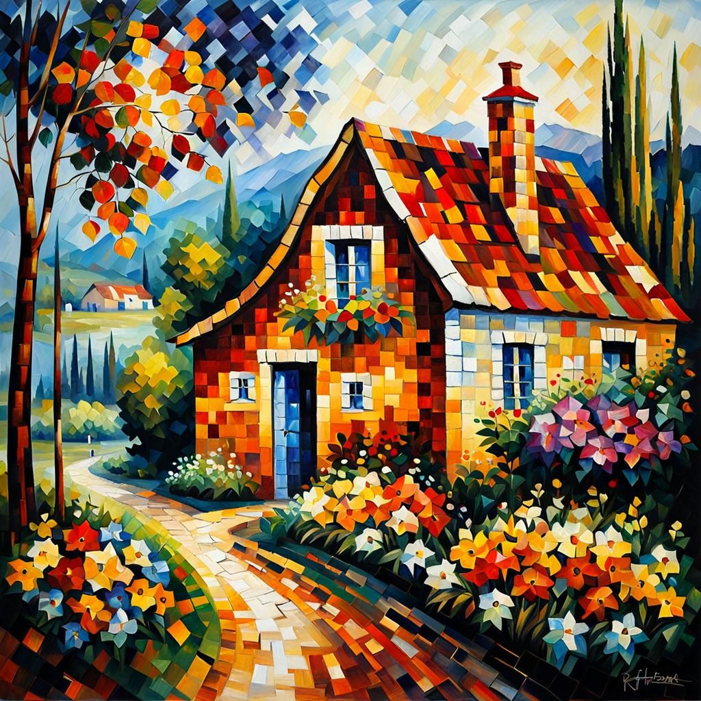 "cottage landscape, Mosiac" Kvasha, Afremov  by @shs_kenya
