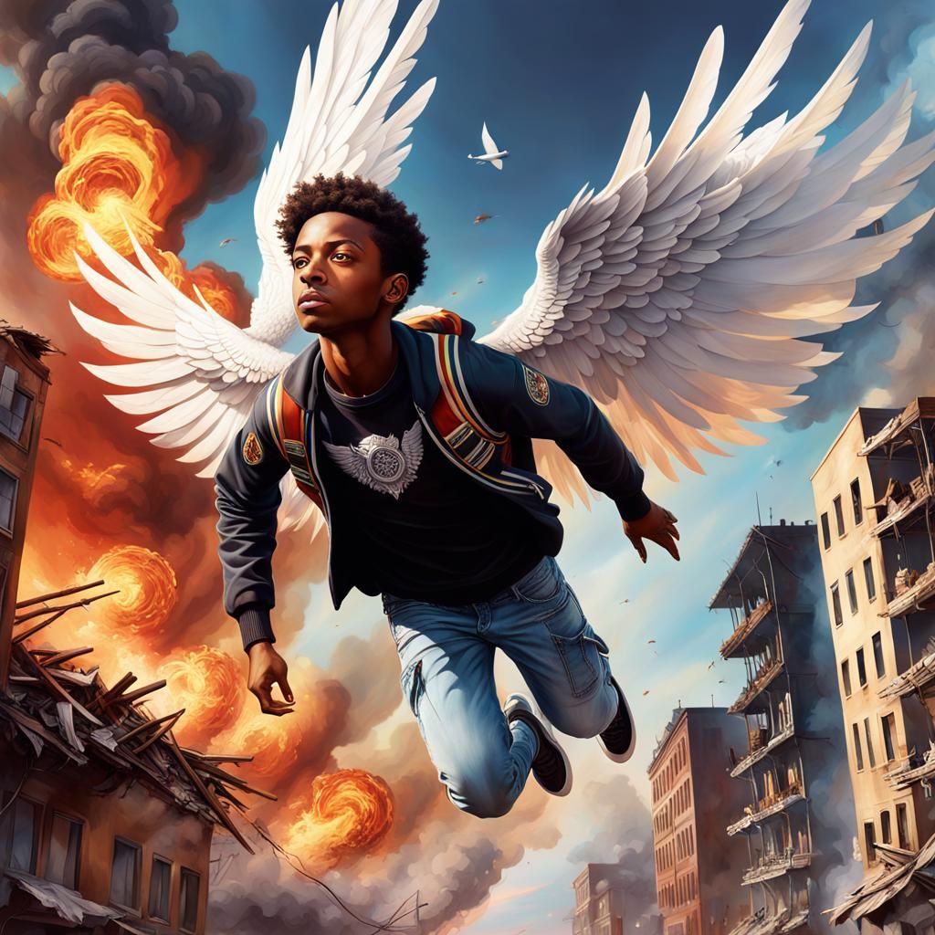 "hyperrealism, 32k, young boy flying in the sky with white w...