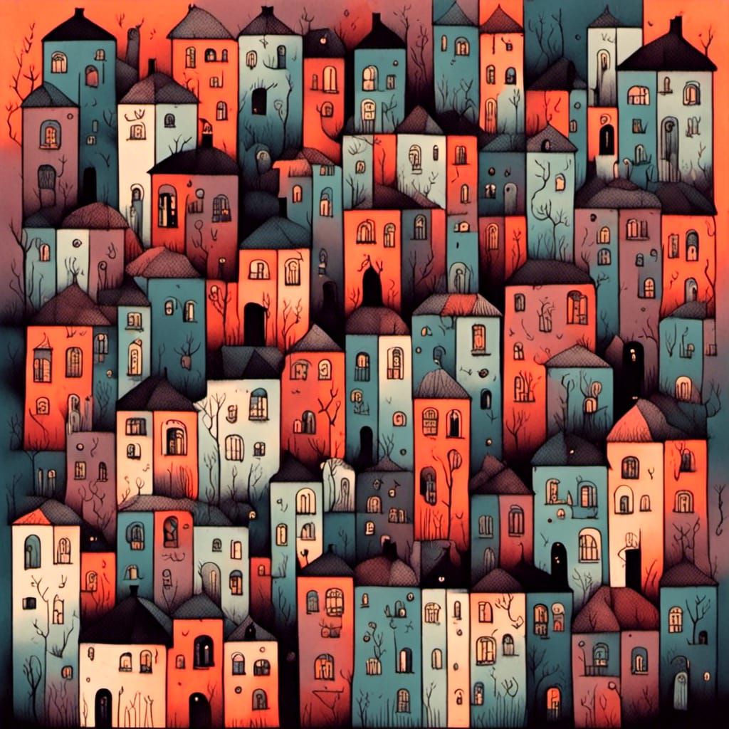 Cityscape of doom <lora:Biscuits For T:1.0> bright bold vari...